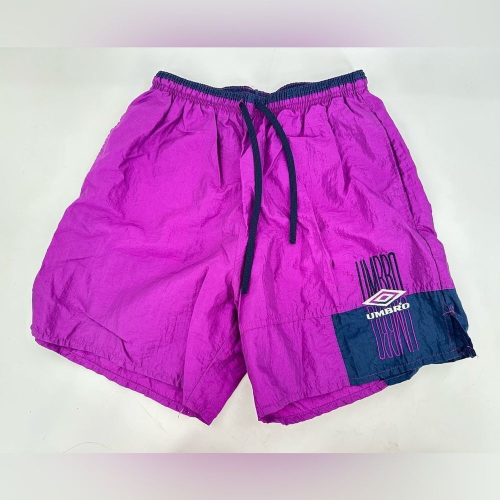 Vintage 90s UMBRO Soccer Shorts Medium Nylon ColorBlock Purple Spellout. - Picture 3 of 7